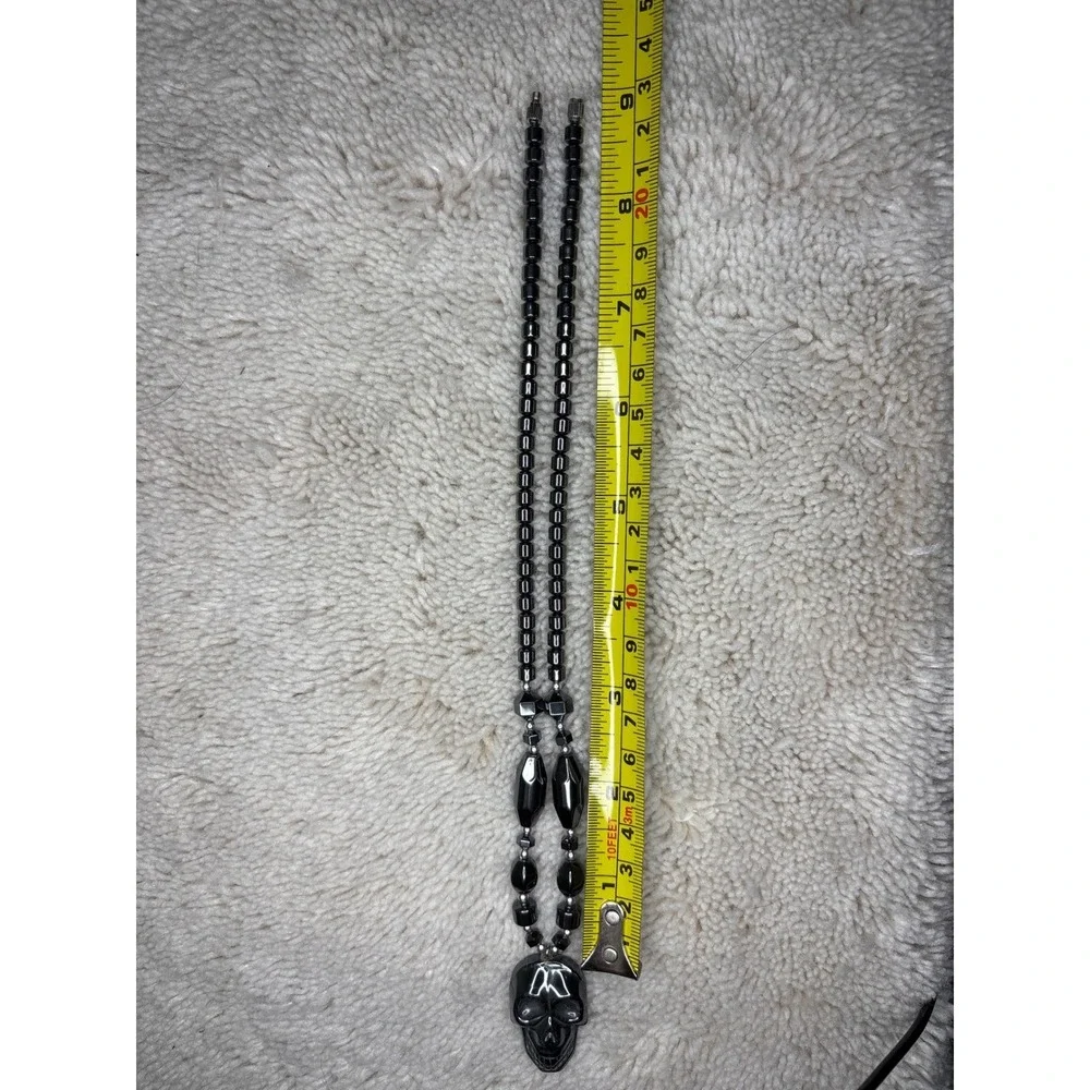 Hematite Skull Pendant Necklace Gunmetal Beaded Goth‎ Emo Choker Rocker Jewelry